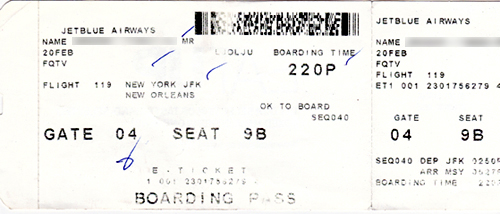 JetBlueのボーディングチケット